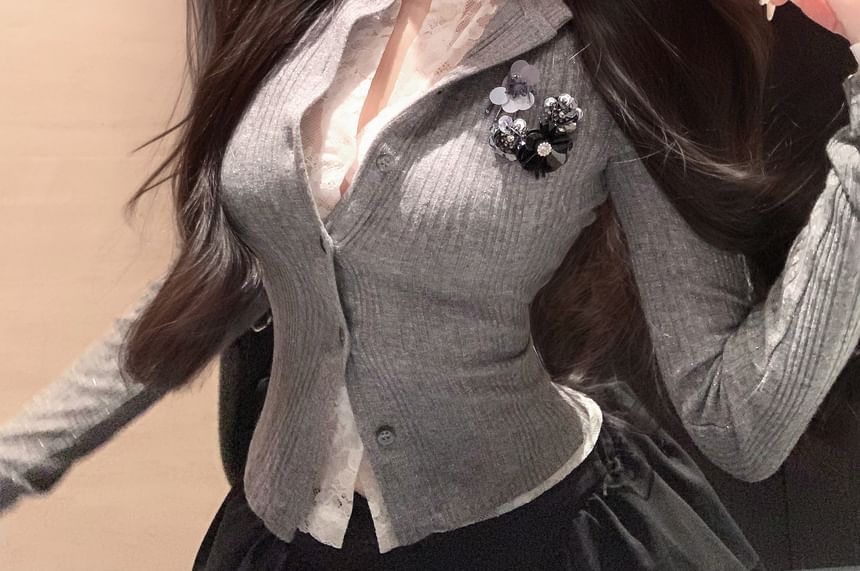 Plain Slim Trim Cardigan Ribbed Lace Fit Two-Piece Mock