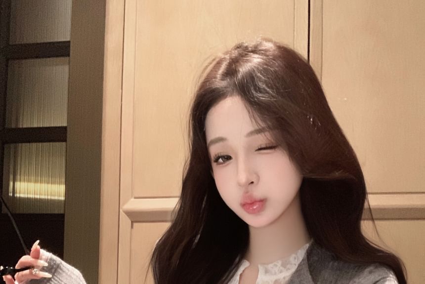 Plain Slim Trim Cardigan Ribbed Lace Fit Two-Piece Mock