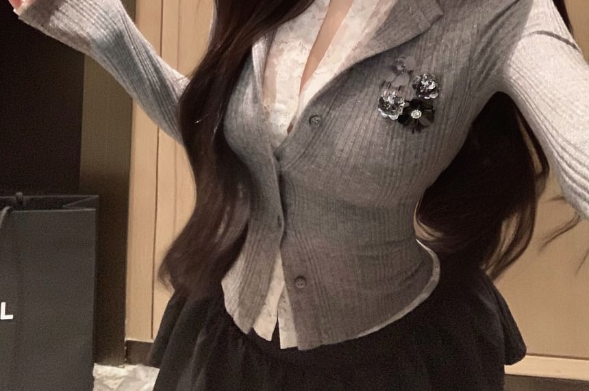 Plain Slim Trim Cardigan Ribbed Lace Fit Two-Piece Mock