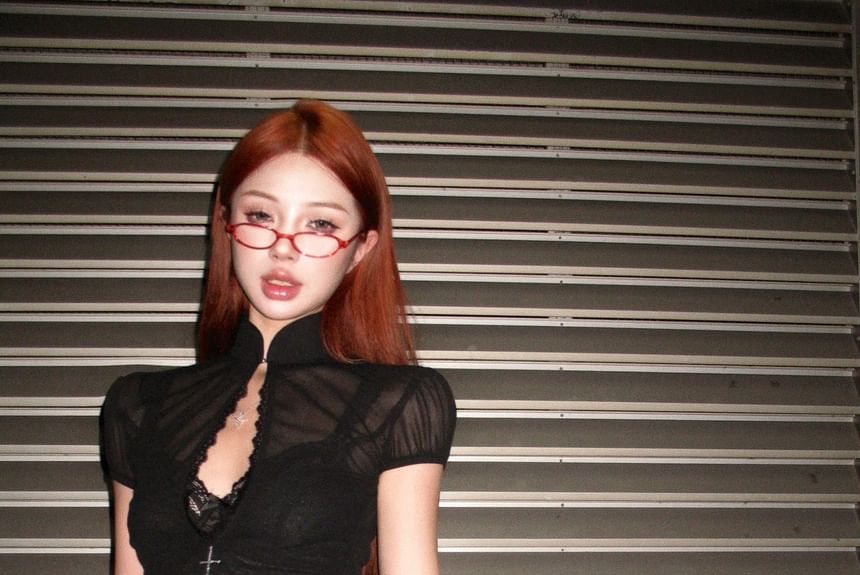 / Bra A-Line Stand Collar Mid Skirt Mini Blouse Lace Rise Crop Puff-Sleeve