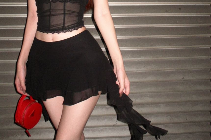 / Bra A-Line Stand Collar Mid Skirt Mini Blouse Lace Rise Crop Puff-Sleeve