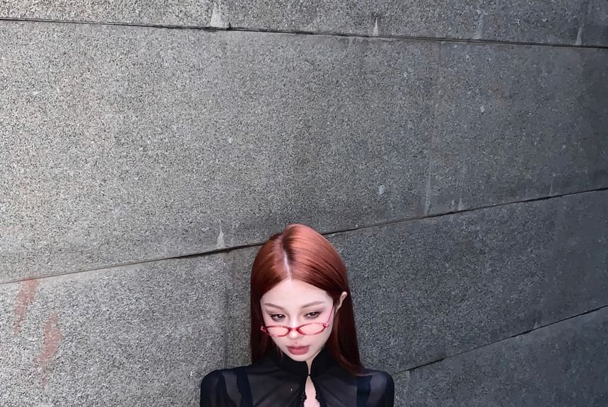 / Bra A-Line Stand Collar Mid Skirt Mini Blouse Lace Rise Crop Puff-Sleeve