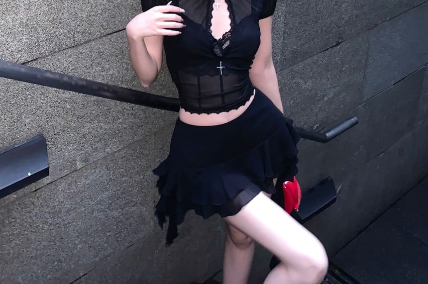 / Bra A-Line Stand Collar Mid Skirt Mini Blouse Lace Rise Crop Puff-Sleeve