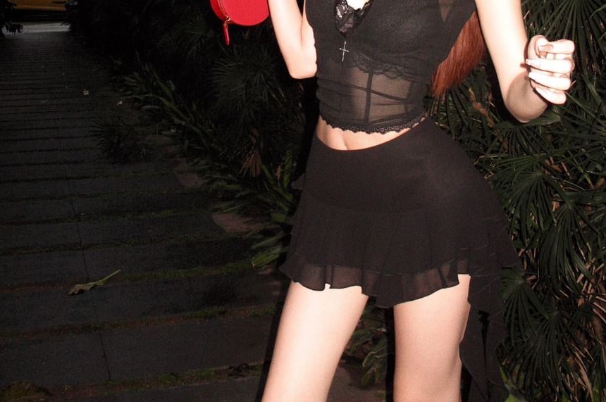 / Bra A-Line Stand Collar Mid Skirt Mini Blouse Lace Rise Crop Puff-Sleeve