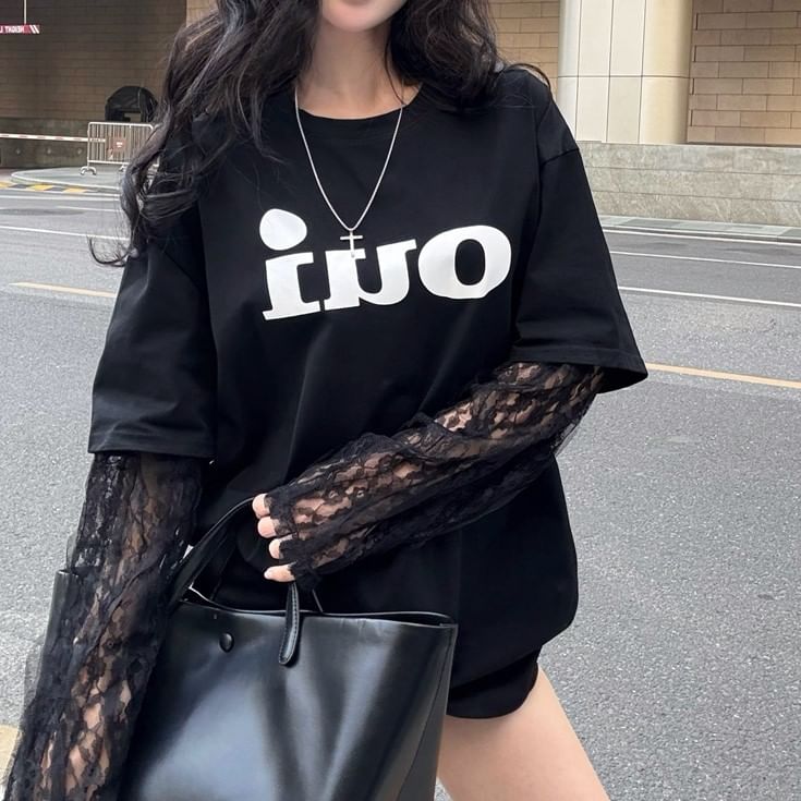 Tee Lace Two-Piece Panel Long-Sleeve Lettering Mock Crew Neck