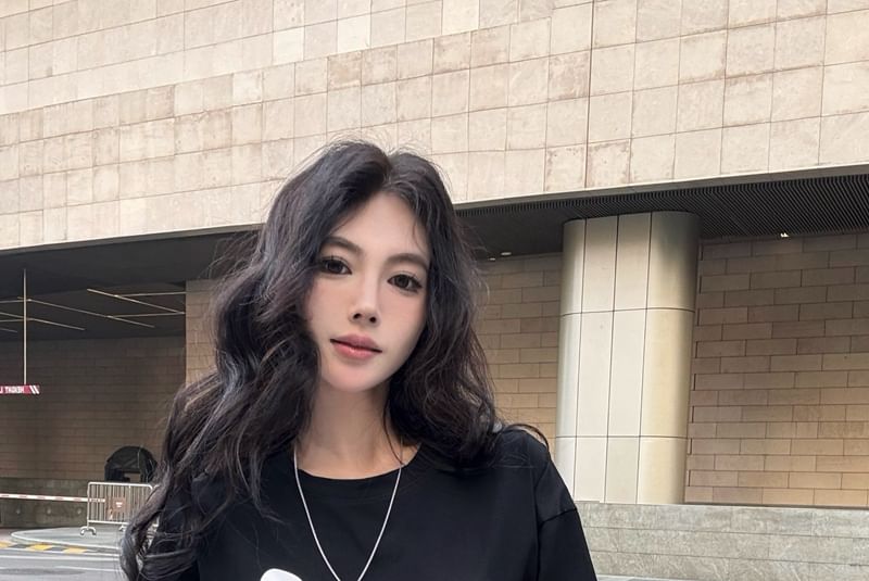 Tee Lace Two-Piece Panel Long-Sleeve Lettering Mock Crew Neck