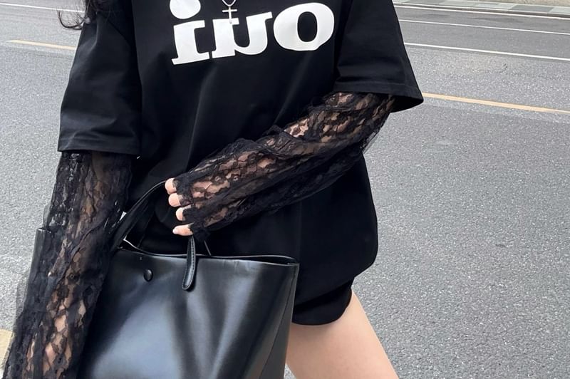 Tee Lace Two-Piece Panel Long-Sleeve Lettering Mock Crew Neck