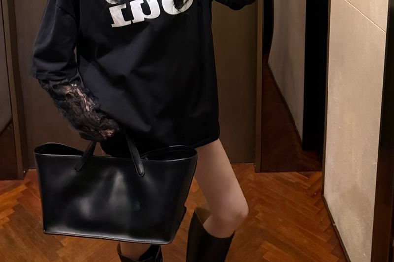 Tee Lace Two-Piece Panel Long-Sleeve Lettering Mock Crew Neck