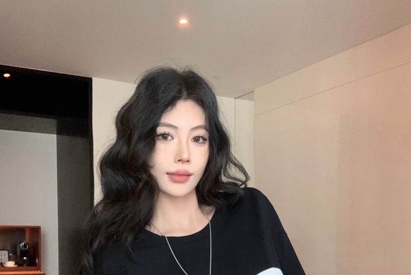 Tee Lace Two-Piece Panel Long-Sleeve Lettering Mock Crew Neck