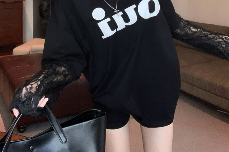 Tee Lace Two-Piece Panel Long-Sleeve Lettering Mock Crew Neck