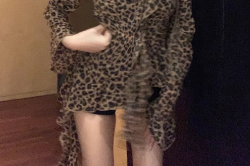 Leopard Ruffled Asymmetrical Print Choker-Neck Blouse Long-Sleeve