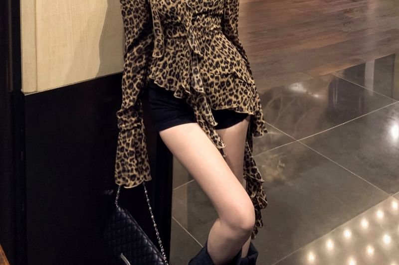 Leopard Ruffled Asymmetrical Print Choker-Neck Blouse Long-Sleeve