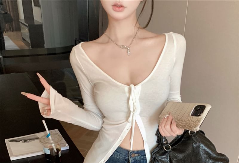 Neck Scoop Sleeve Knit Top Plain Long