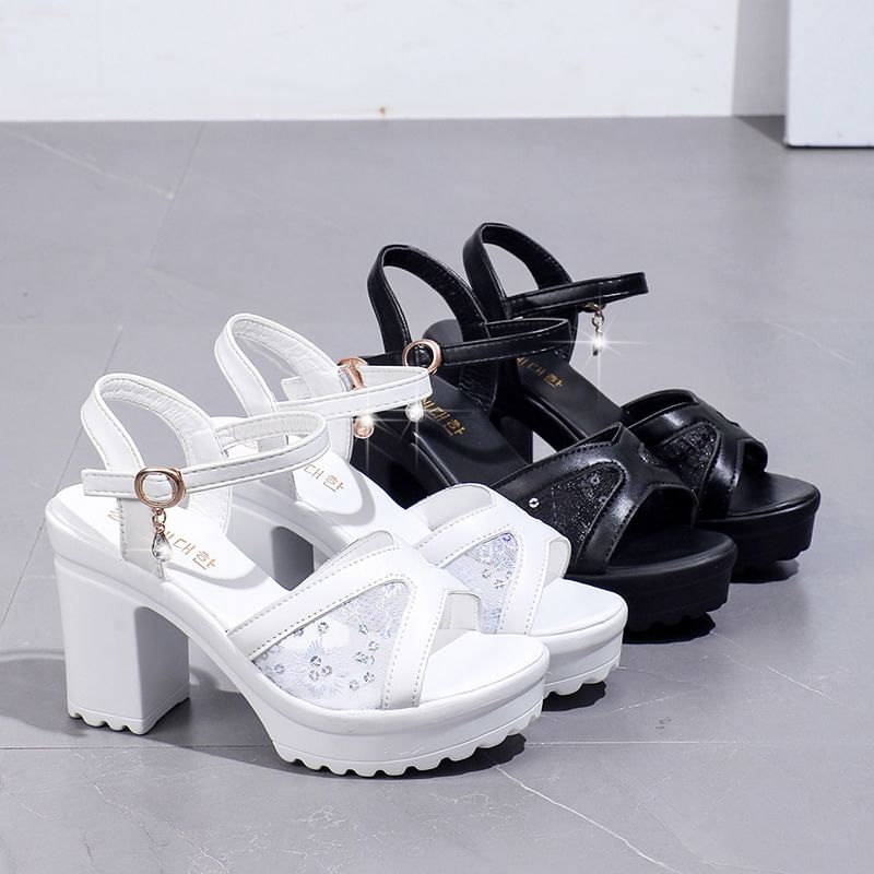 Sandals Sequined Platform Chunky Heel