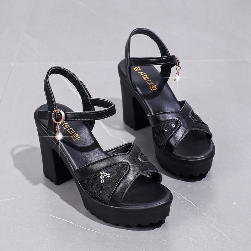 Sandals Sequined Platform Chunky Heel