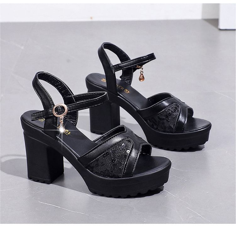 Sandals Sequined Platform Chunky Heel