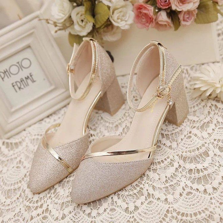 Glitter Pumps Heel Ankle Strap Chunky