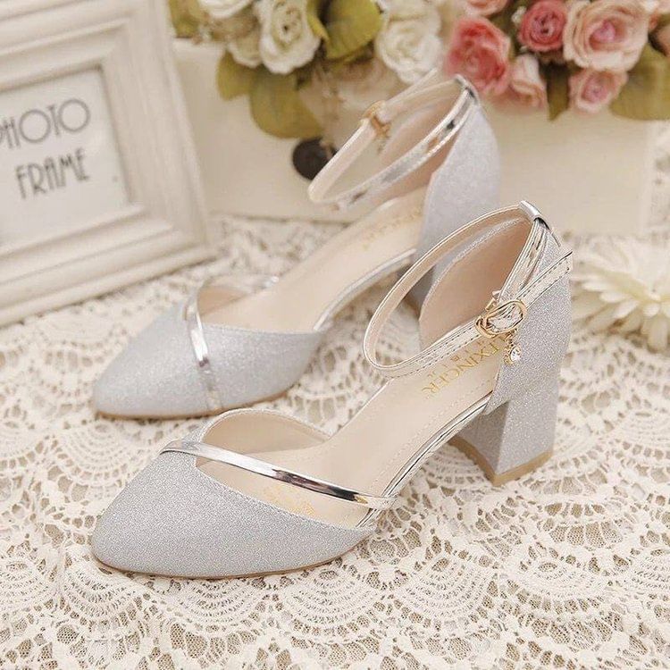 Glitter Pumps Heel Ankle Strap Chunky