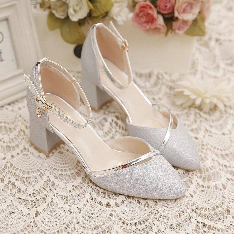 Glitter Pumps Heel Ankle Strap Chunky