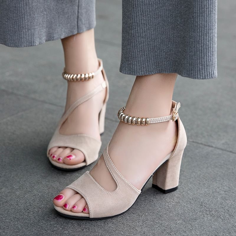Strap Heel Ankle Metal Chunky Sandals Bead