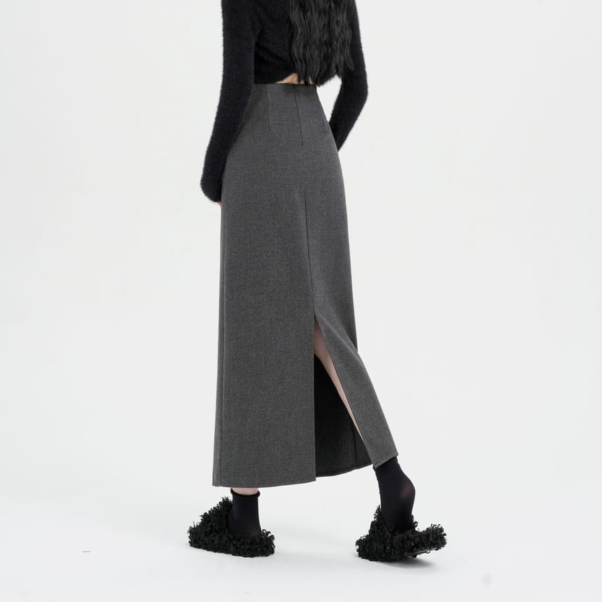Plain Back Slit Waist Skirt Midi A-Line High