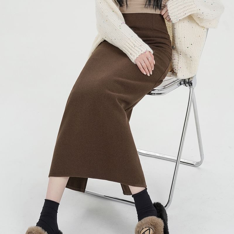 Plain Back Slit Waist Skirt Midi A-Line High
