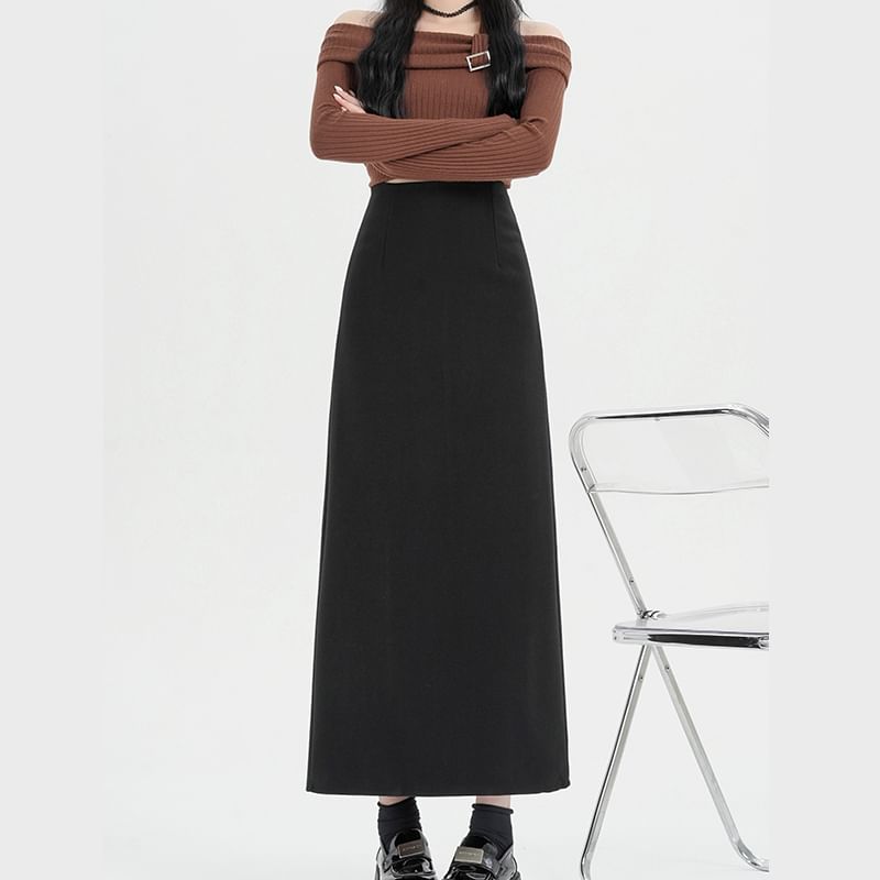 Plain Back Slit Waist Skirt Midi A-Line High