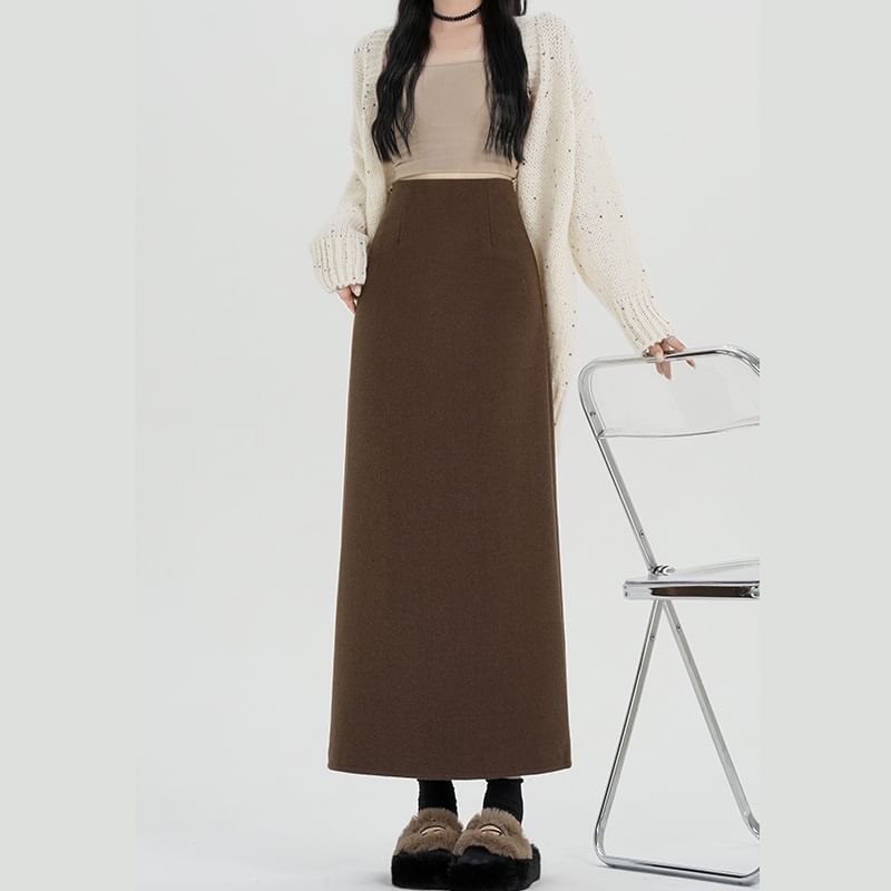 Plain Back Slit Waist Skirt Midi A-Line High