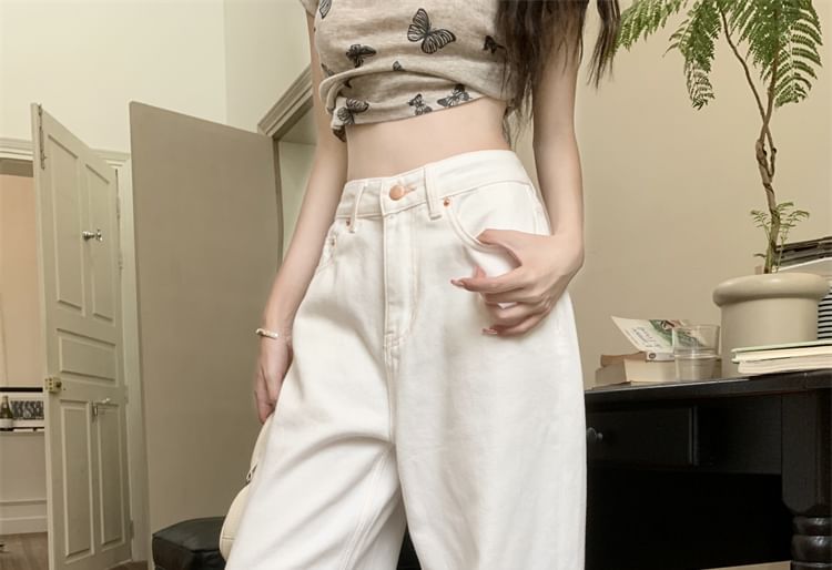 Embroidered Fit Bow Jeans Loose High Waist