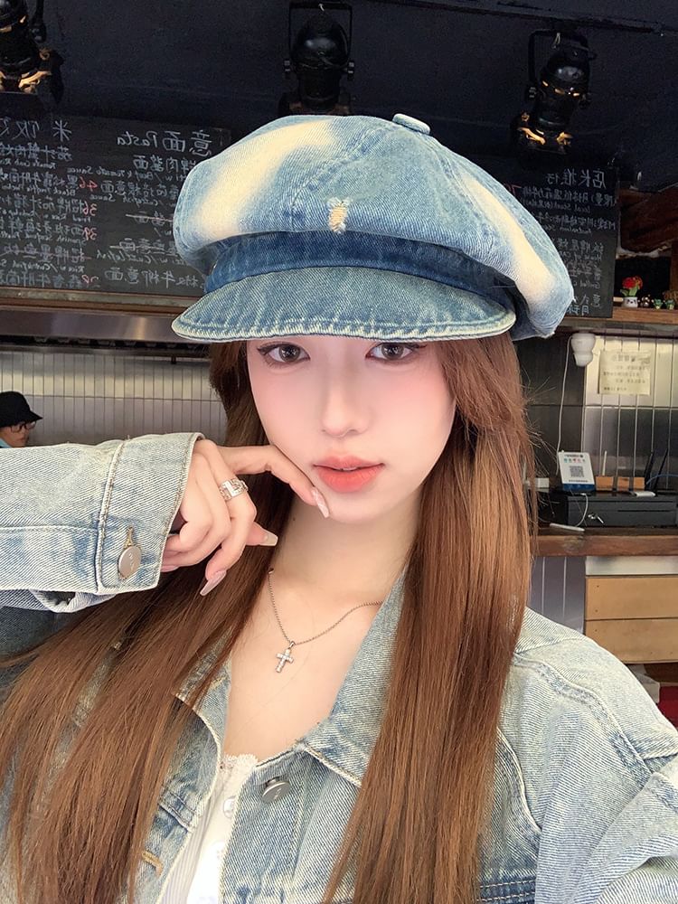 Denim Newsboy Cap Distressed Washed