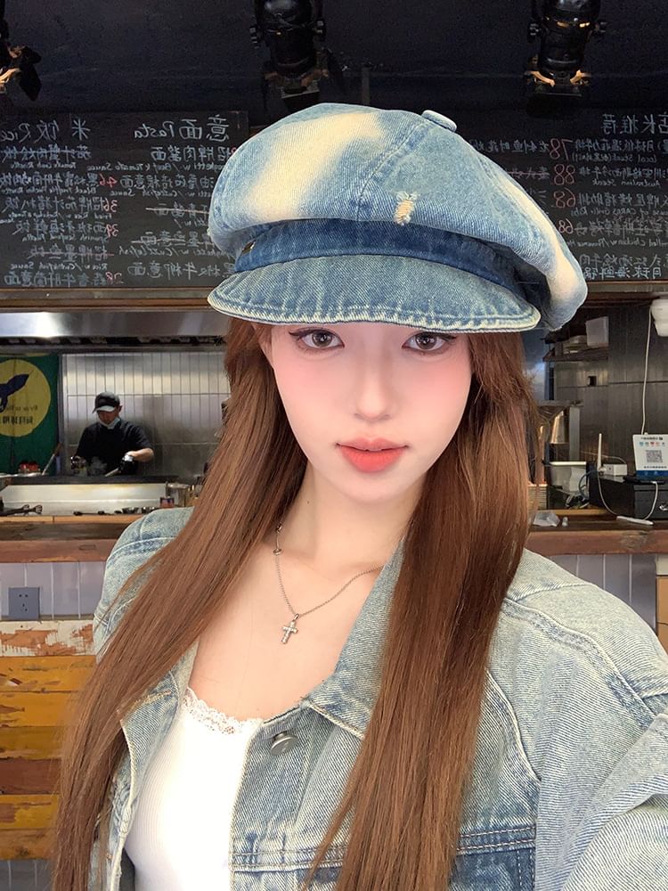 Denim Newsboy Cap Distressed Washed