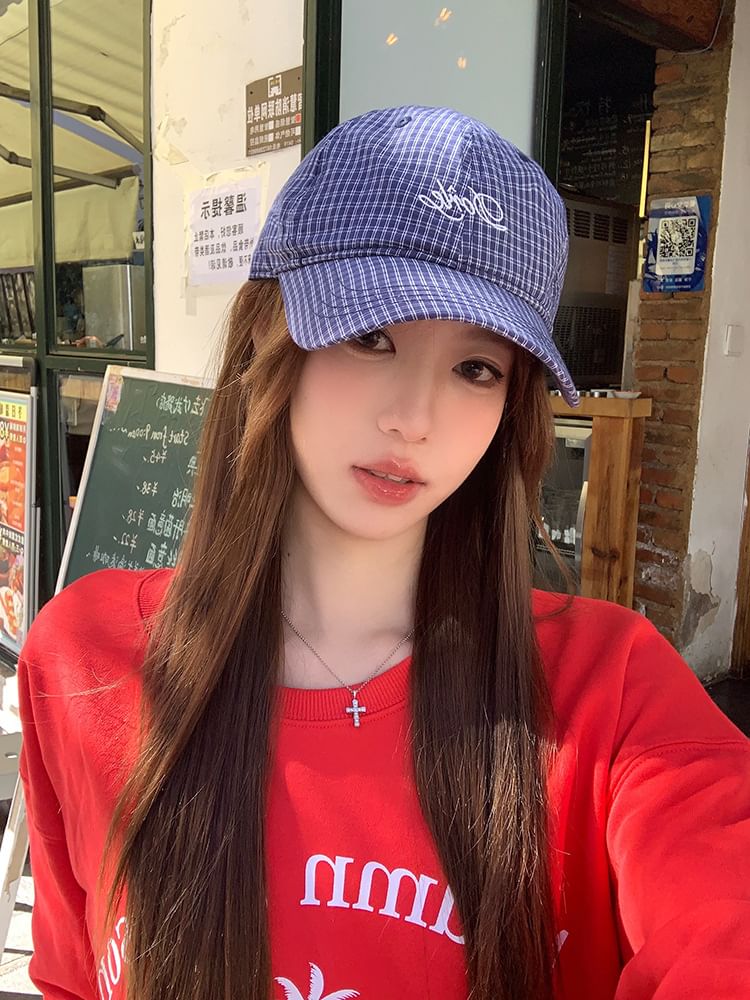 Embroidered Cap Baseball Plaid Lettering