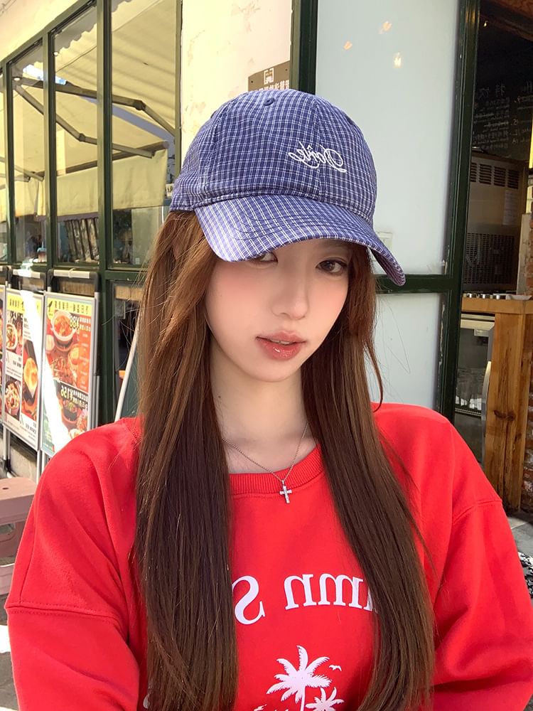 Embroidered Cap Baseball Plaid Lettering