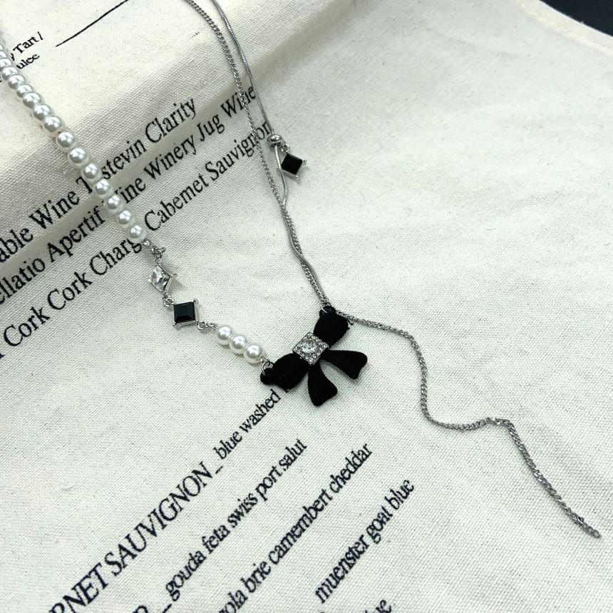Bow Lariat Rhinestone Faux Pearl Necklace