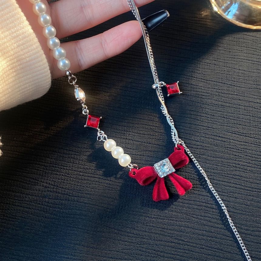 Bow Lariat Rhinestone Faux Pearl Necklace