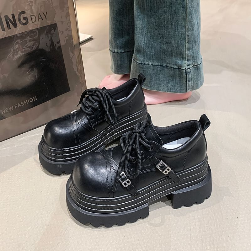 Oxfords Buckled Lettering Lace Platform Up
