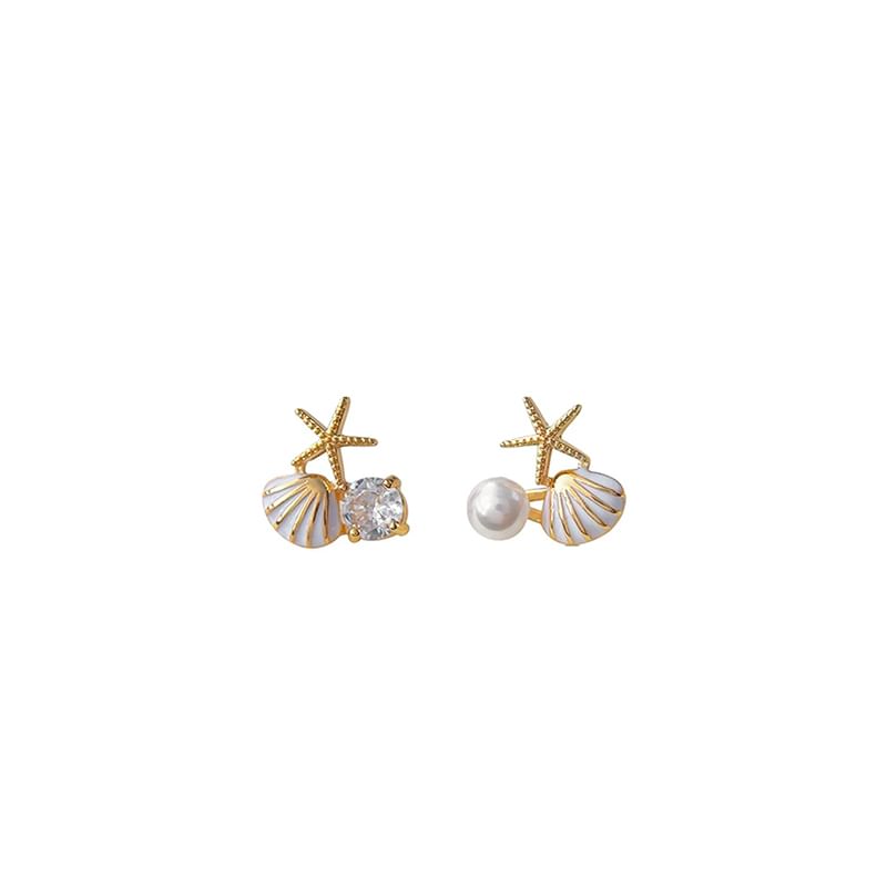 Asymmetrical Stud Shell Rhinestone Earring Faux Clip / On Pearl