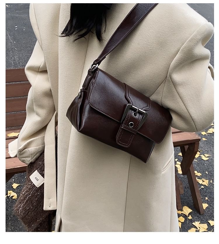 Crossbody Bag Plain Buckled Flap Leather Faux