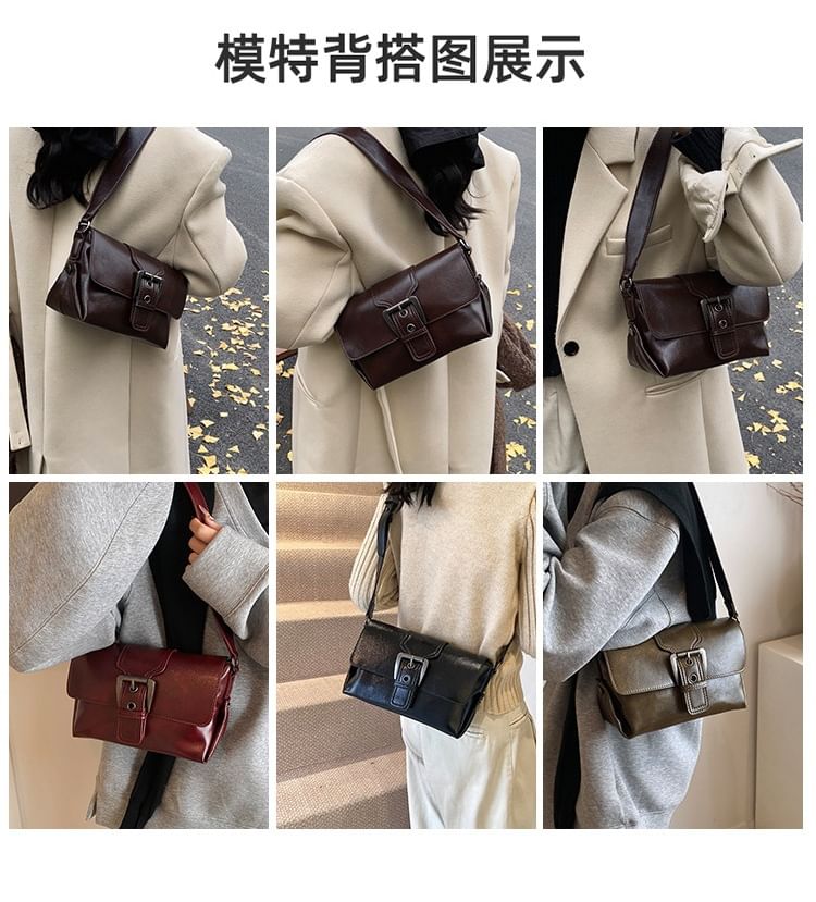 Crossbody Bag Plain Buckled Flap Leather Faux
