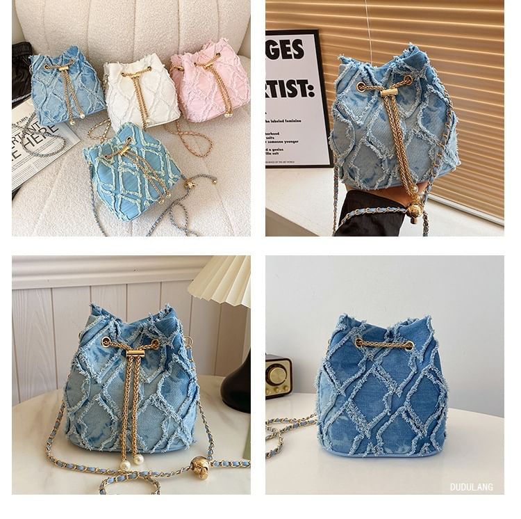 Frayed Bucket Bag Strap Chain Drawstring