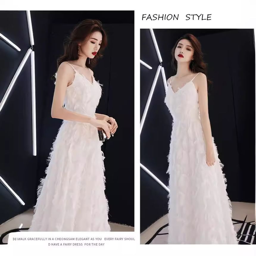 Strap V-Neck Spaghetti Plain Evening Gown A-Line Feather