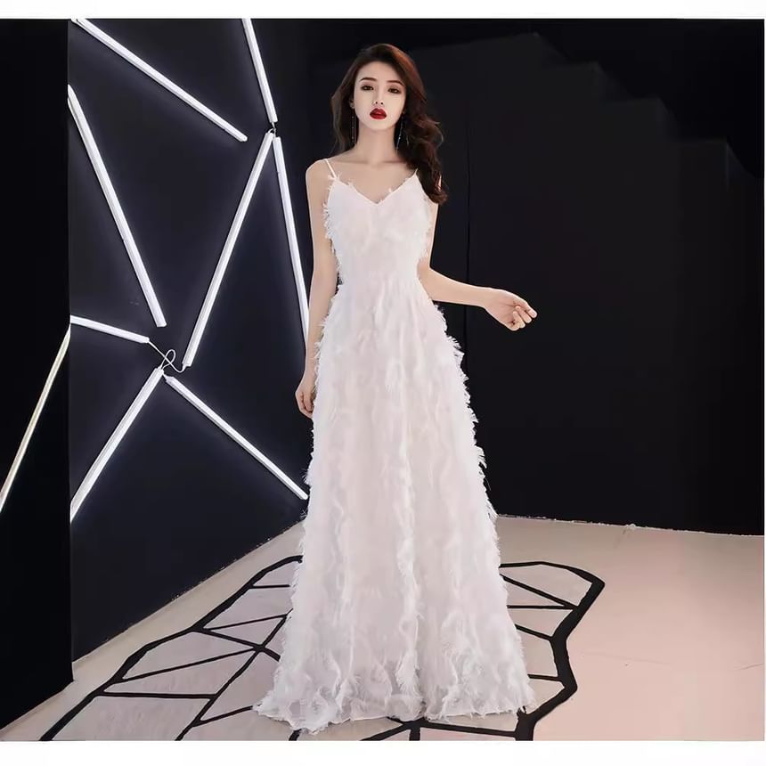 Strap V-Neck Spaghetti Plain Evening Gown A-Line Feather