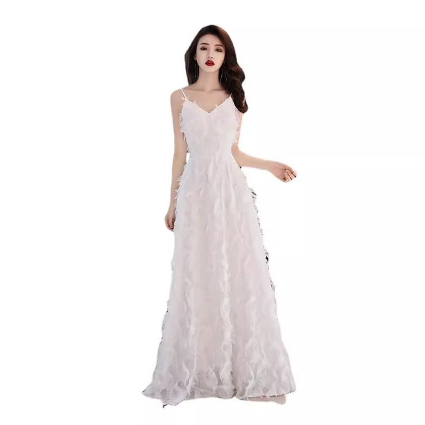 Strap V-Neck Spaghetti Plain Evening Gown A-Line Feather