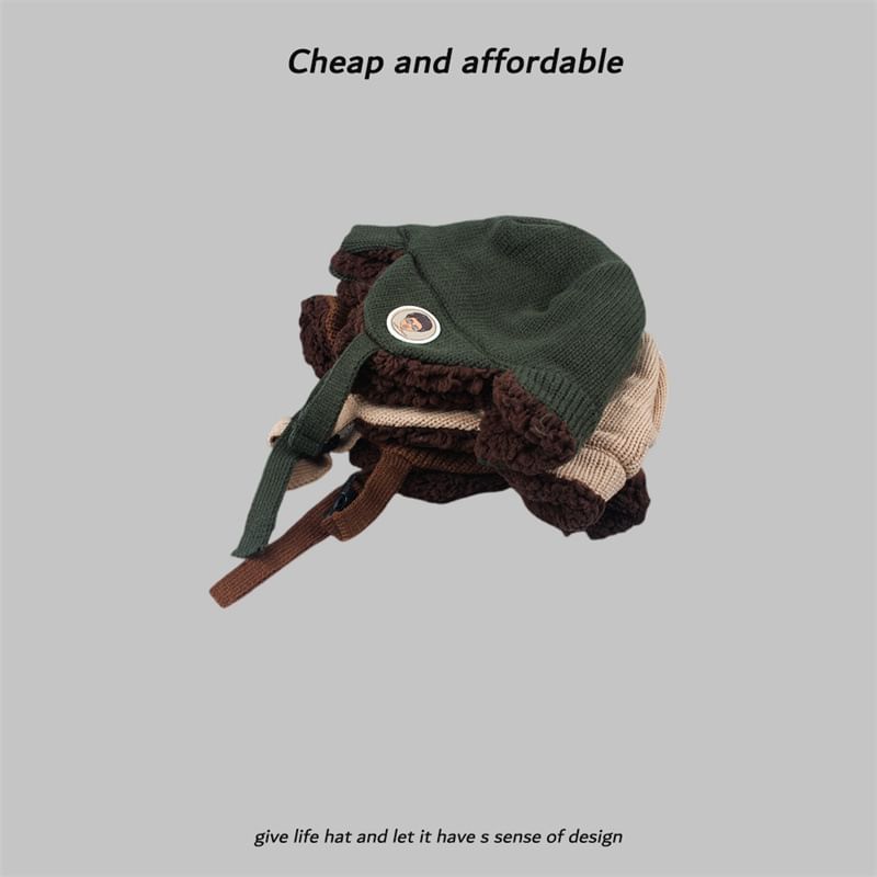 Knit Embroidered Cartoon Trapper Hat