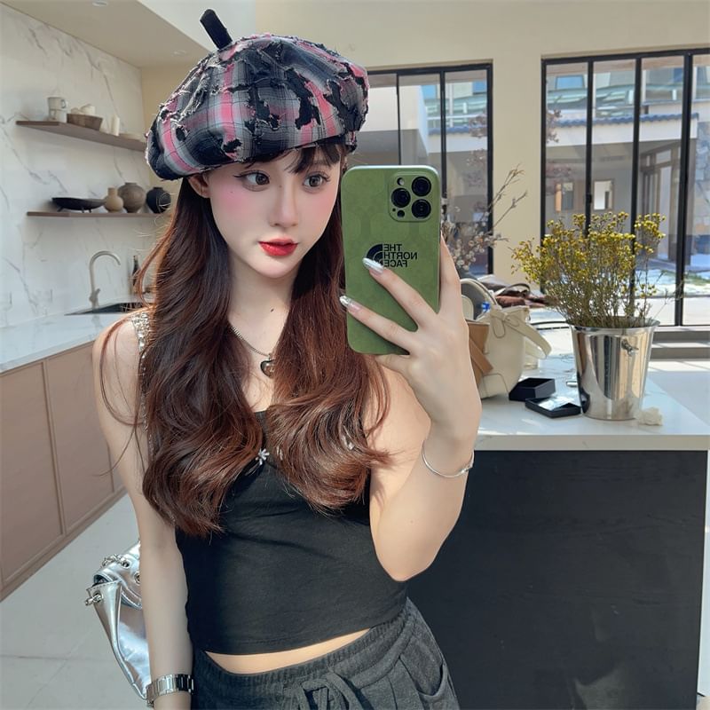 Plaid Distressed Beret