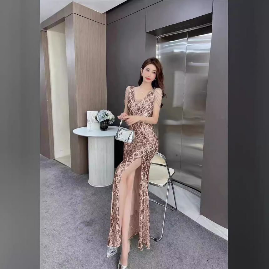 Sleeveless Fringed Gown Sequin Bead Slit Mermaid Evening V-Neck