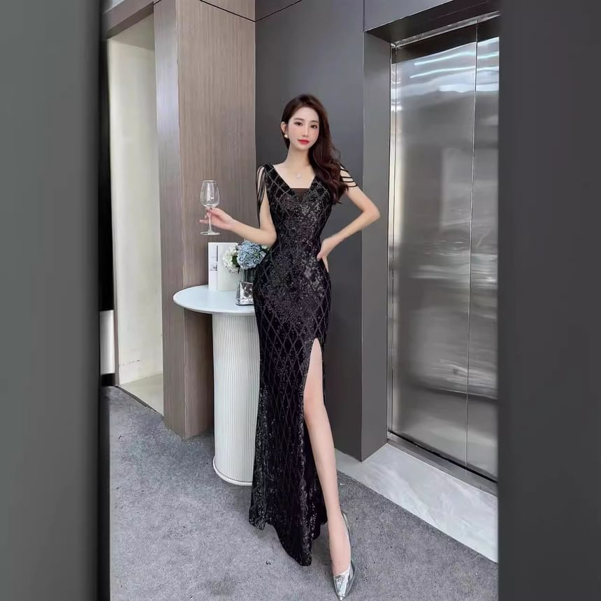Sleeveless Fringed Gown Sequin Bead Slit Mermaid Evening V-Neck