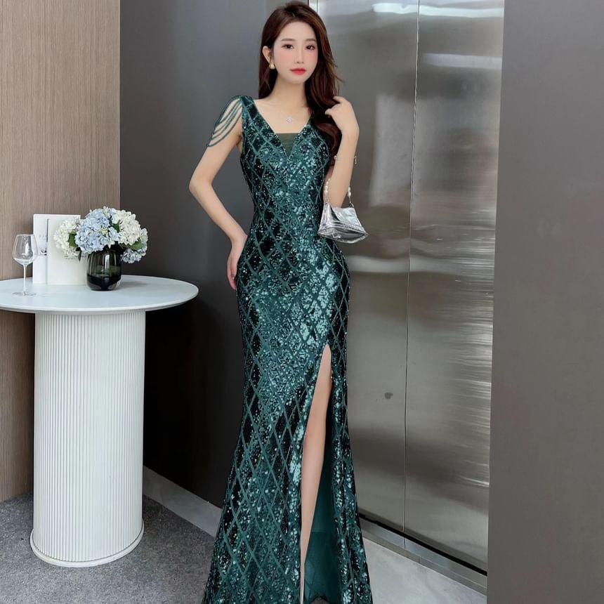 Sleeveless Fringed Gown Sequin Bead Slit Mermaid Evening V-Neck