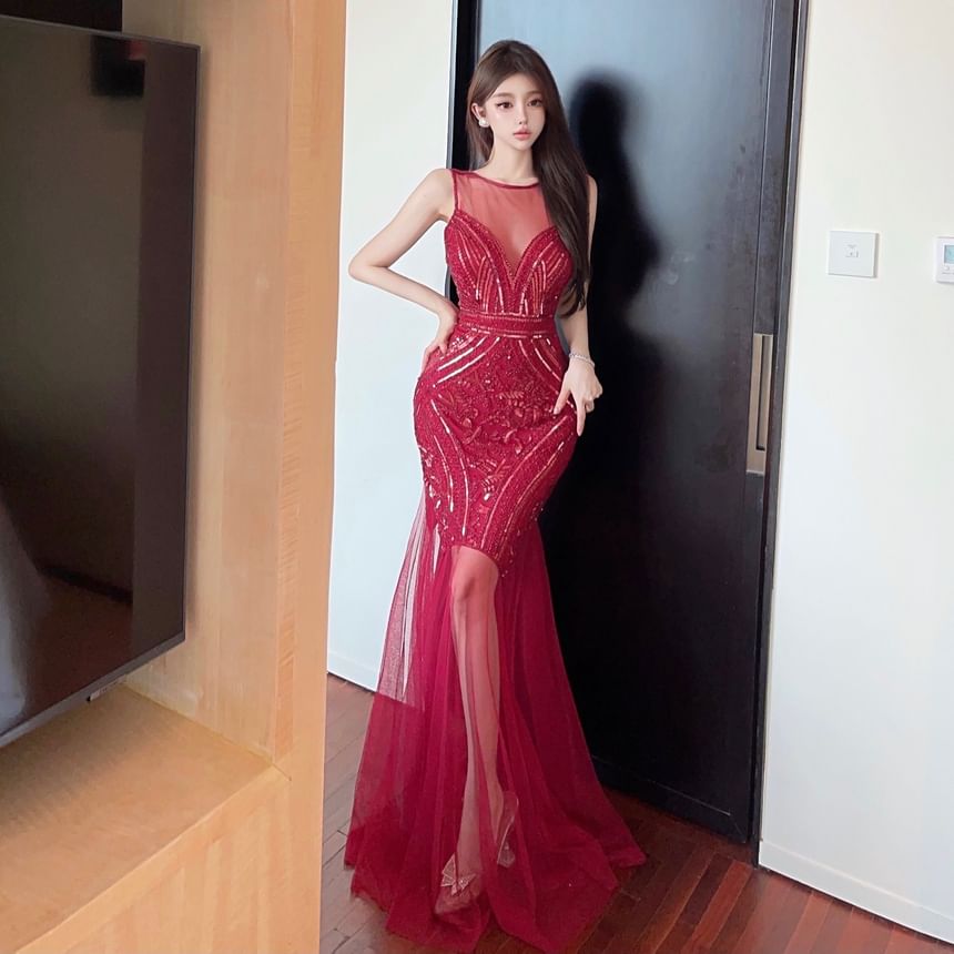 Open Panel Back Gown Sleeveless Sheer Sequin Mermaid Crew Evening Neck