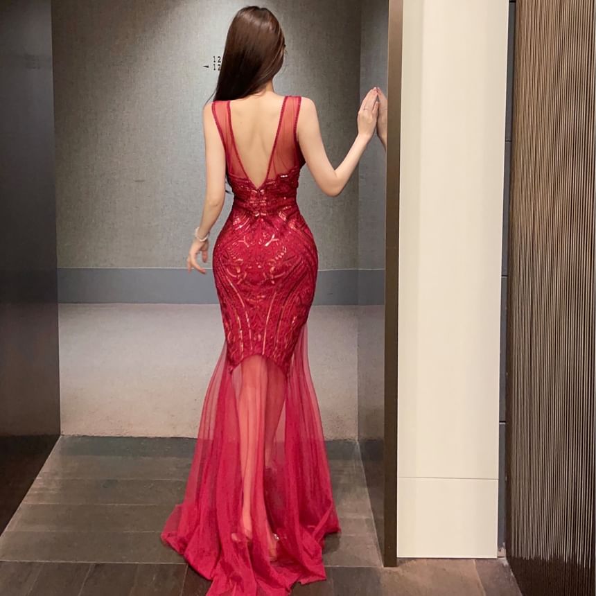 Open Panel Back Gown Sleeveless Sheer Sequin Mermaid Crew Evening Neck
